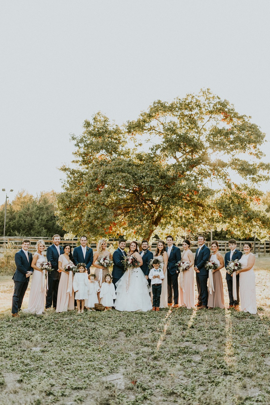 Lovely wedding party gathered under a beautiful tree
