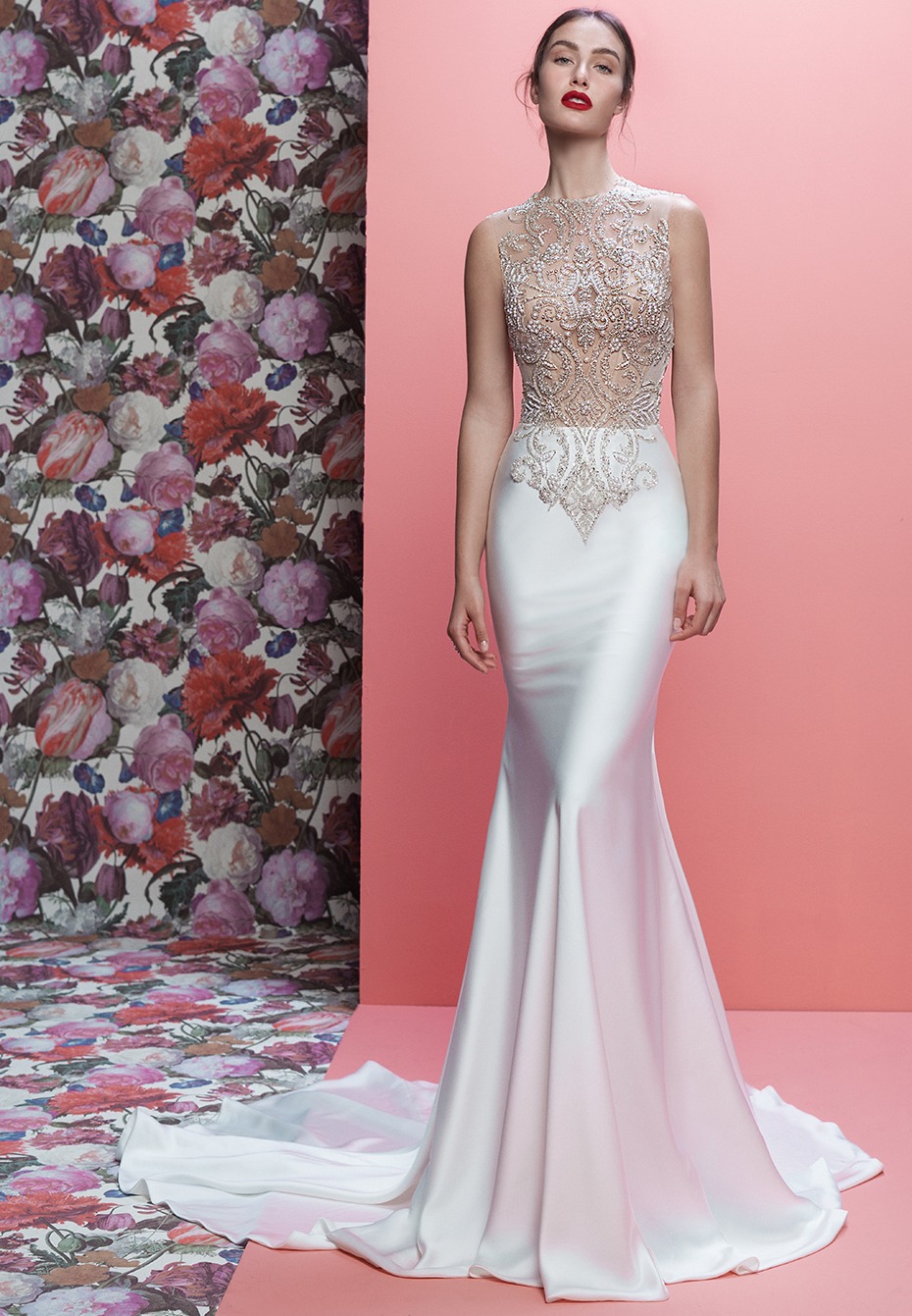 White wedding gown with intricate detail. The Emeryson by Galia Lahav