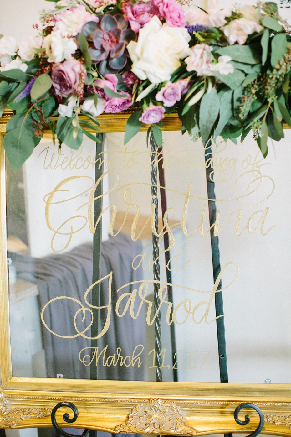 Window welcome sign idea with gold calligraphy