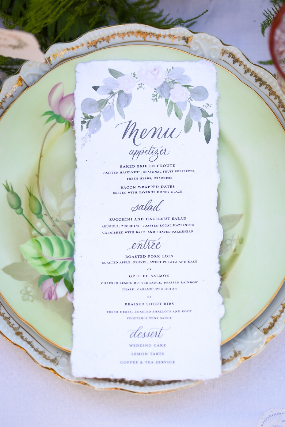 Beautiful floral wedding menu card on vintage plate