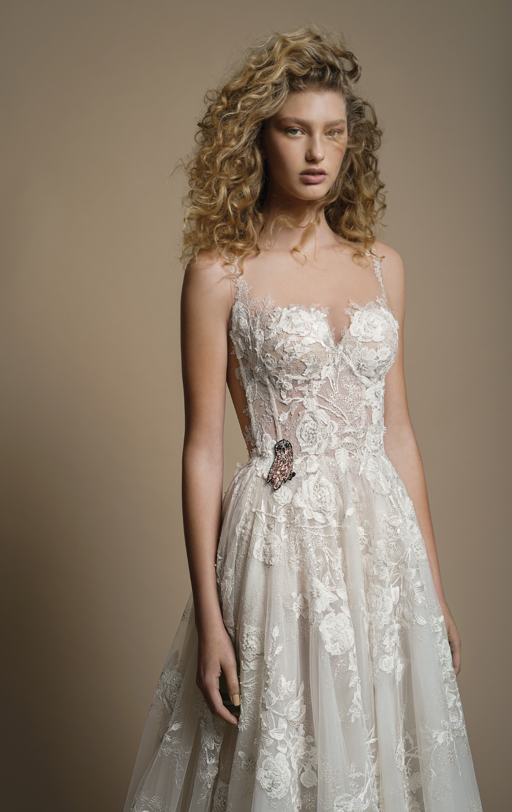 Elaborate lace ballgown featuring a sheer corset with a sheer back from Galia Lahav