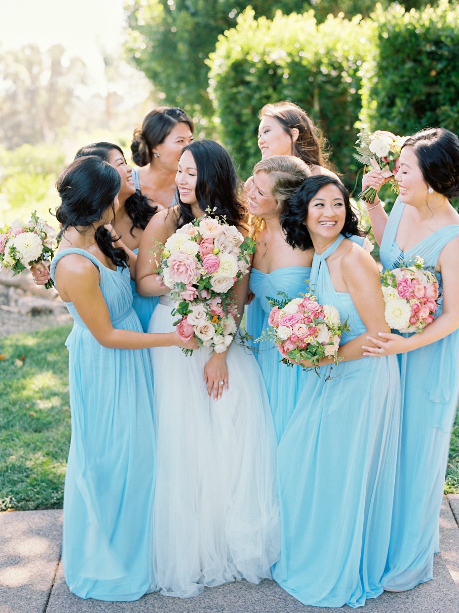 bridesmaids in light blue Jenny Yoo dresses