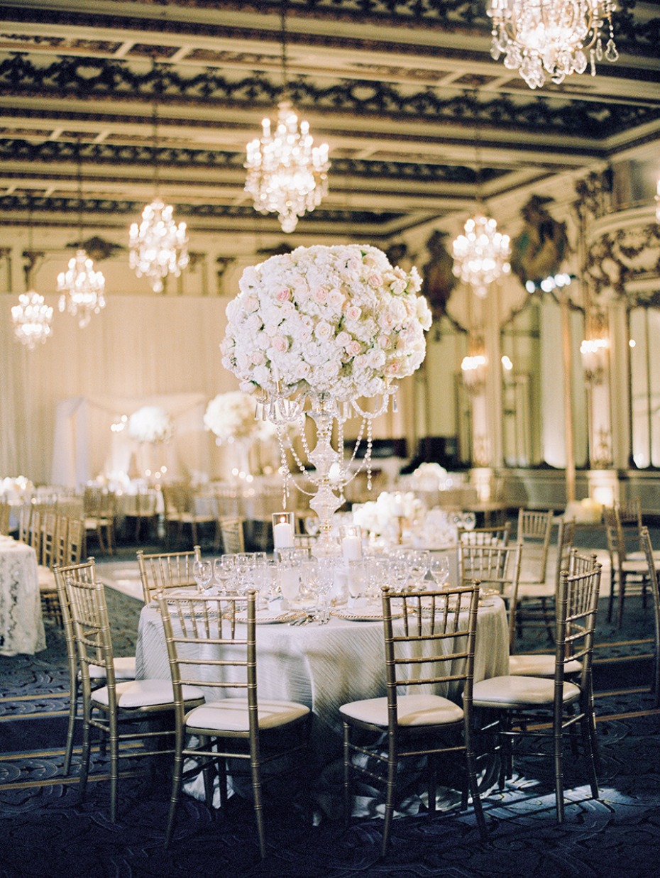 Gold and white glam ballroom wedding reception
