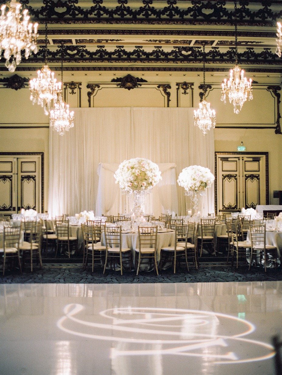 ballroom wedding reception in white and gold