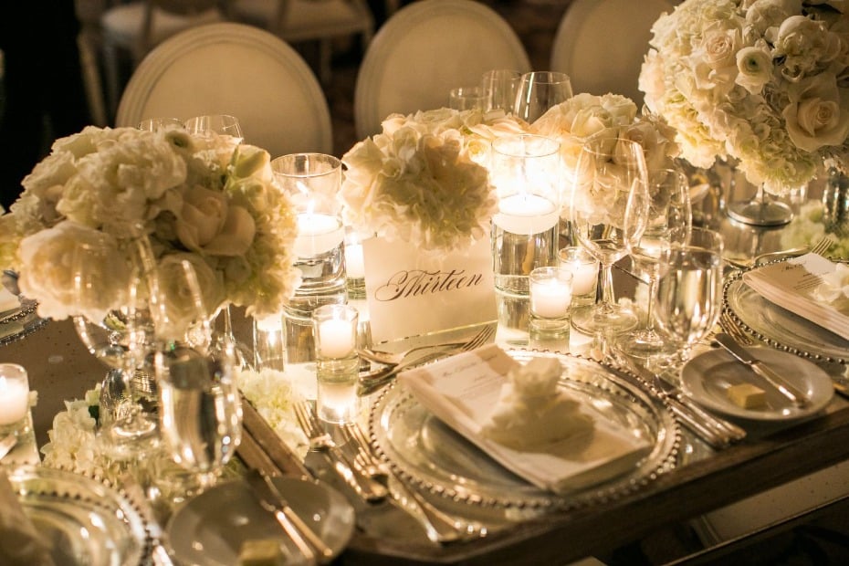 all white glamorous wedding table decor