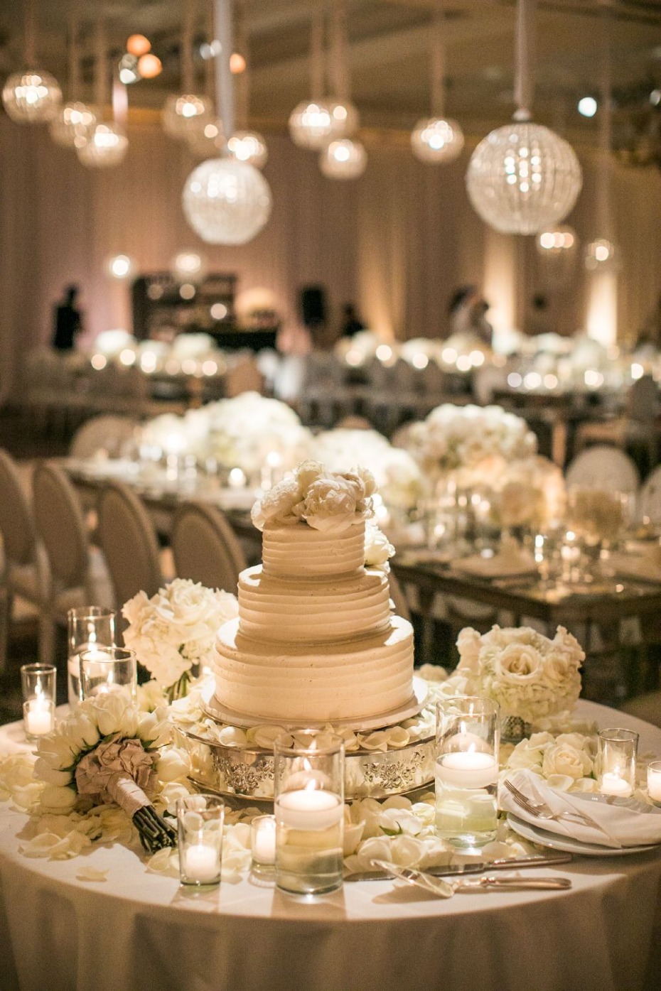 all white wedding cake table