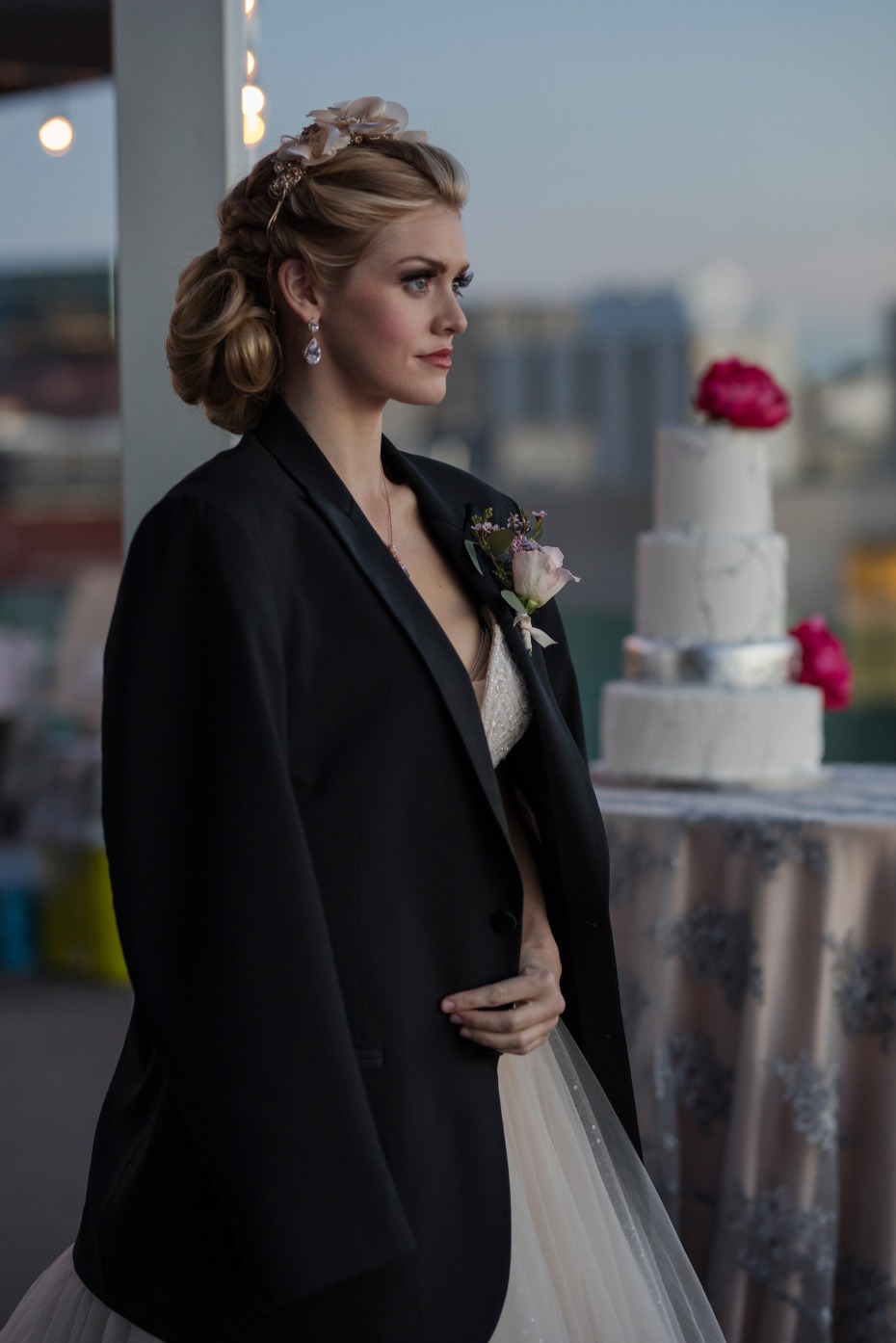bride in the grooms jacket
