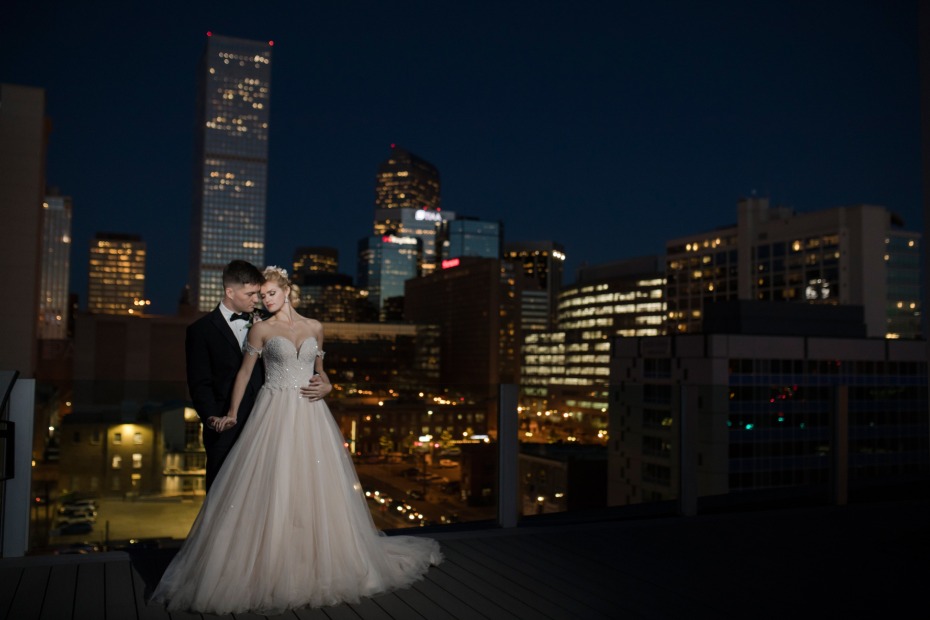 romantic rooftop wedding photos at night