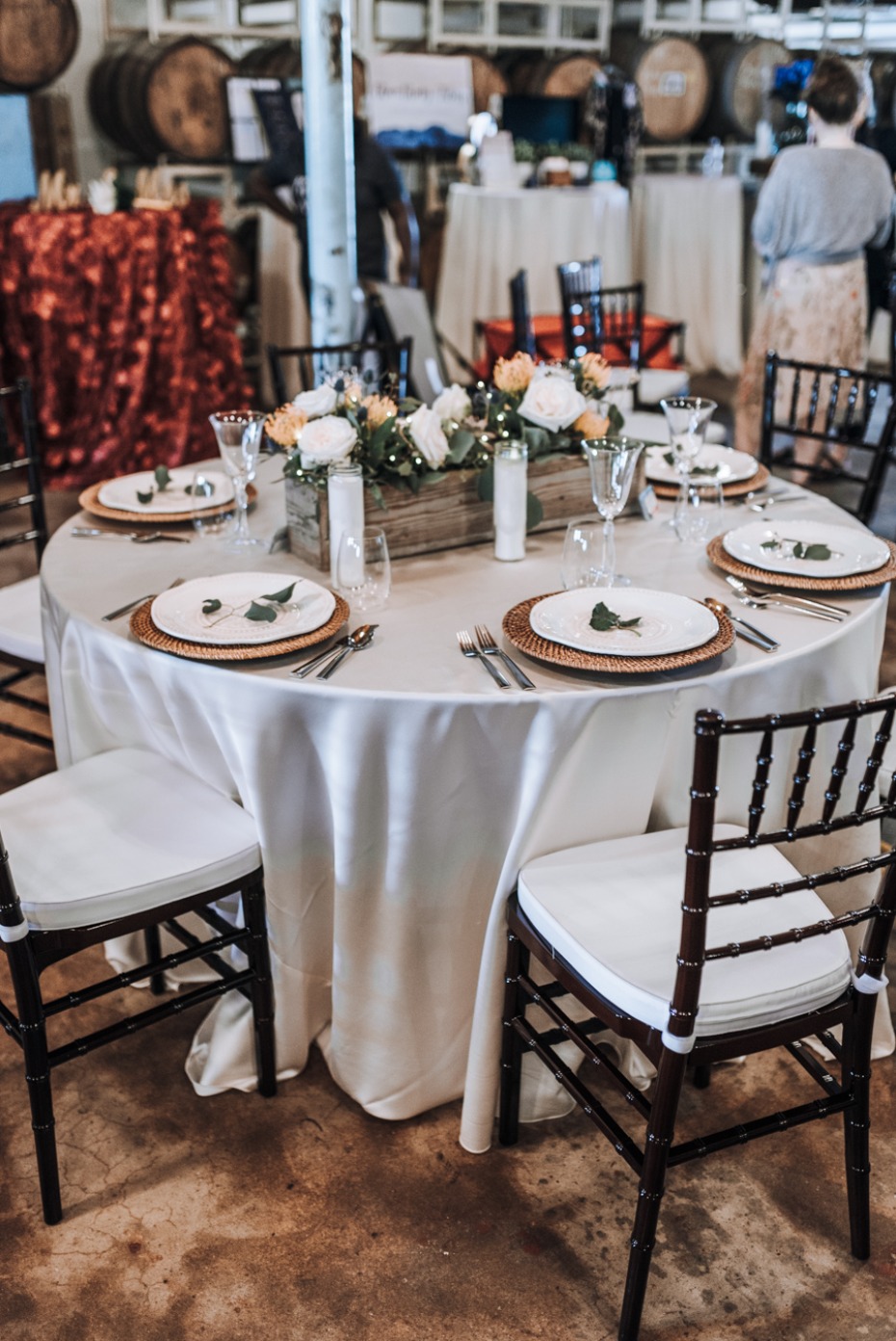 wedding table decor with flower box centerpiece