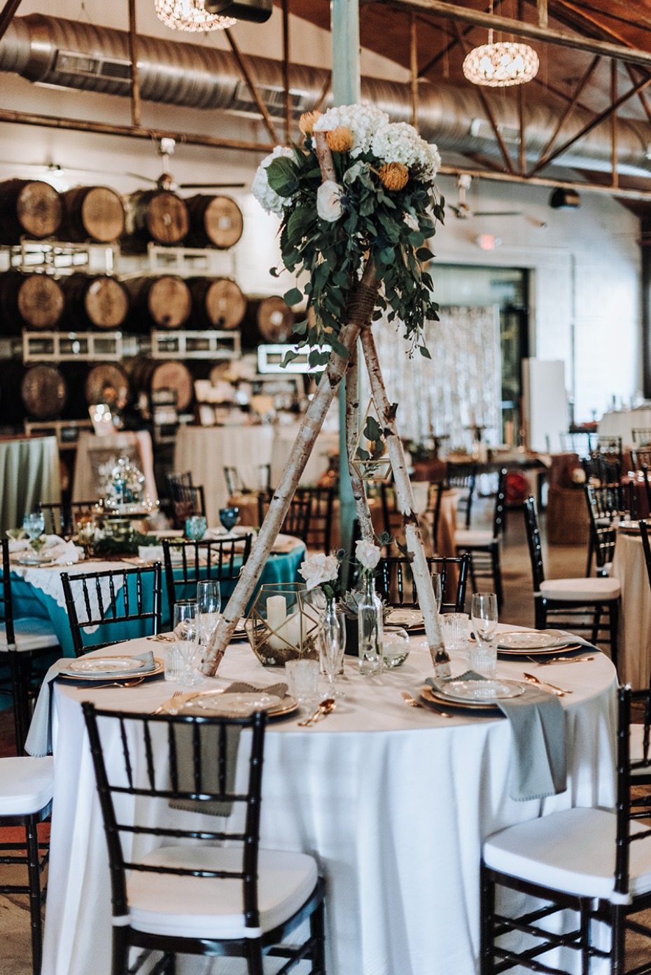 birch wood table teepee centerpiece idea
