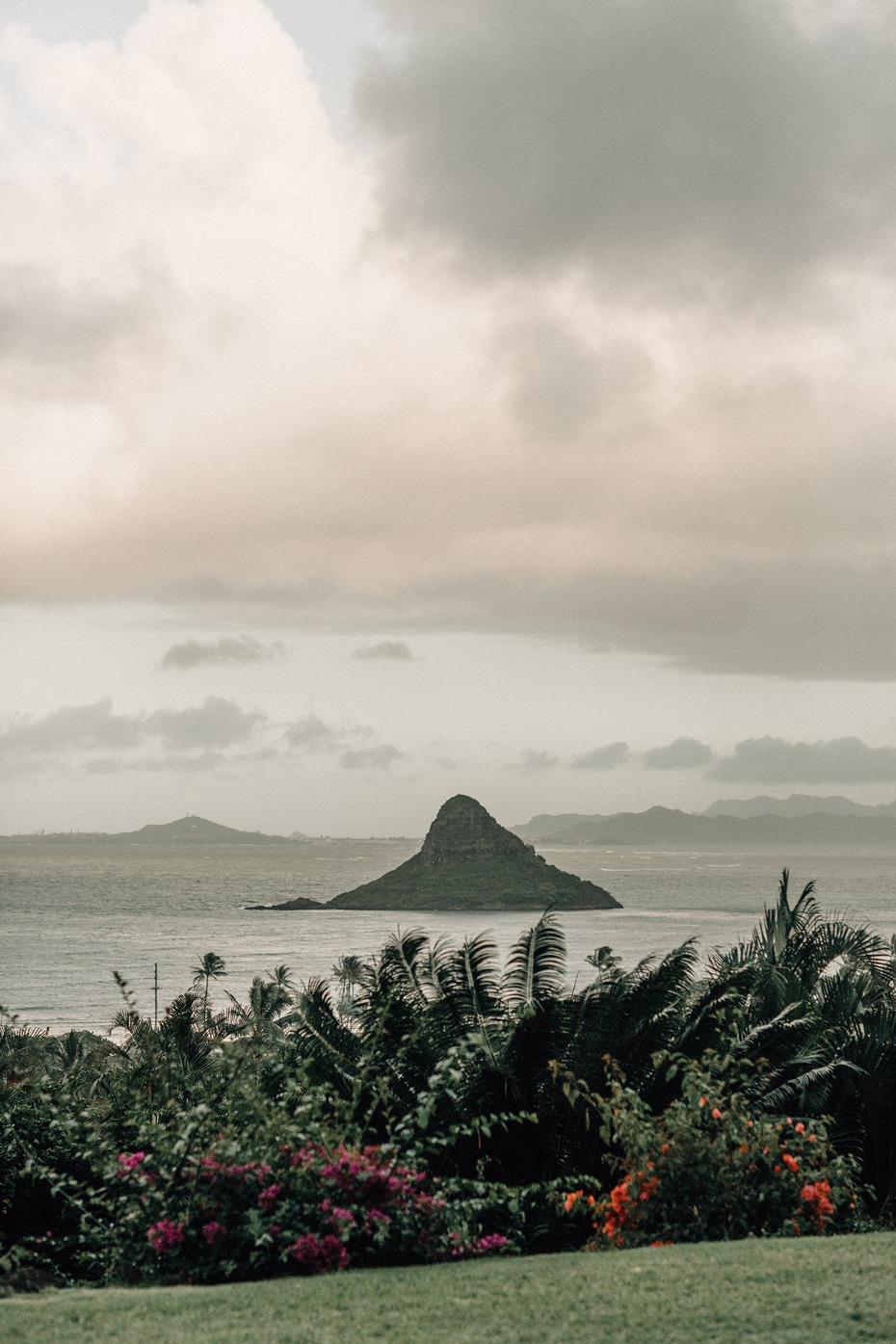 Overlook view of tropical island with greenery in Hawaii