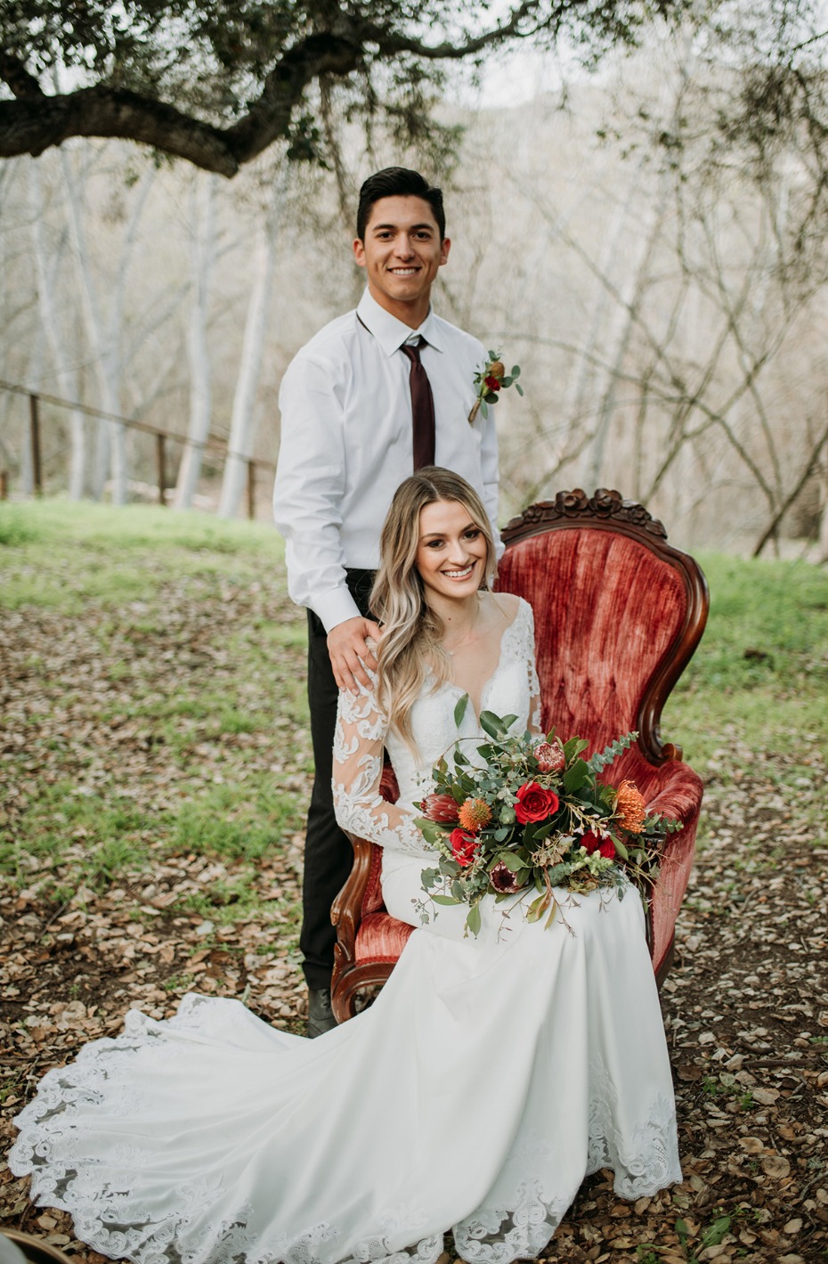Bride and groom at their outdoor wedding photoshoot