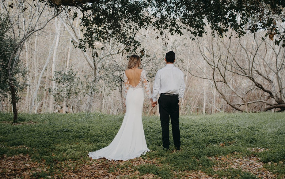 Bride and groom holding hands, scenic outdoor wedding