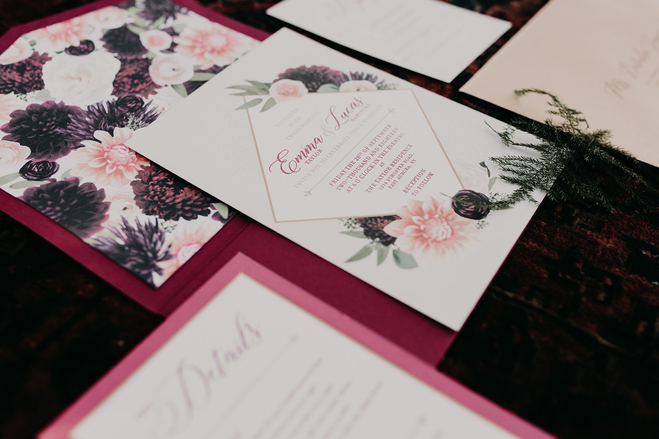 Elegant floral wedding invitations suite for Emma Lucas