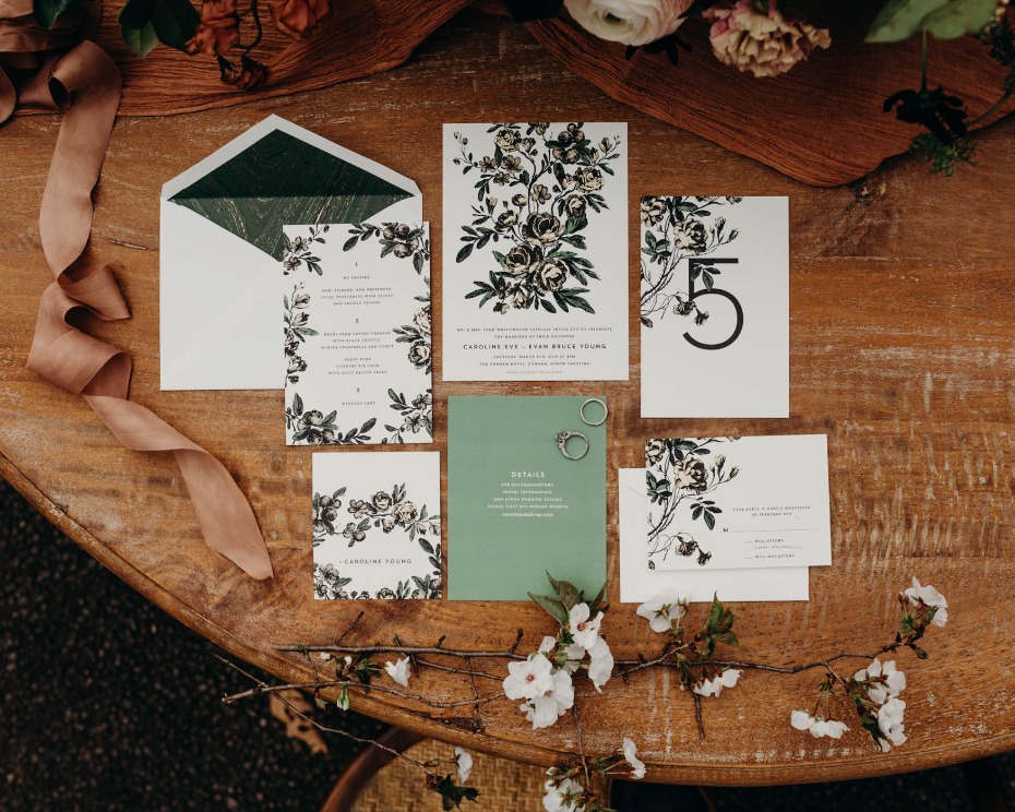 Elegant floral wedding invitation suite with details