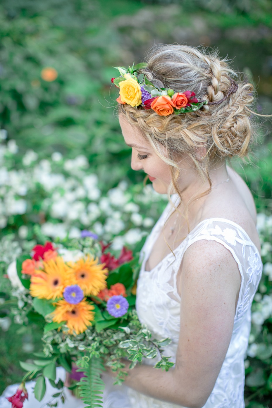 bride and happy summer bridal bouquet and halo