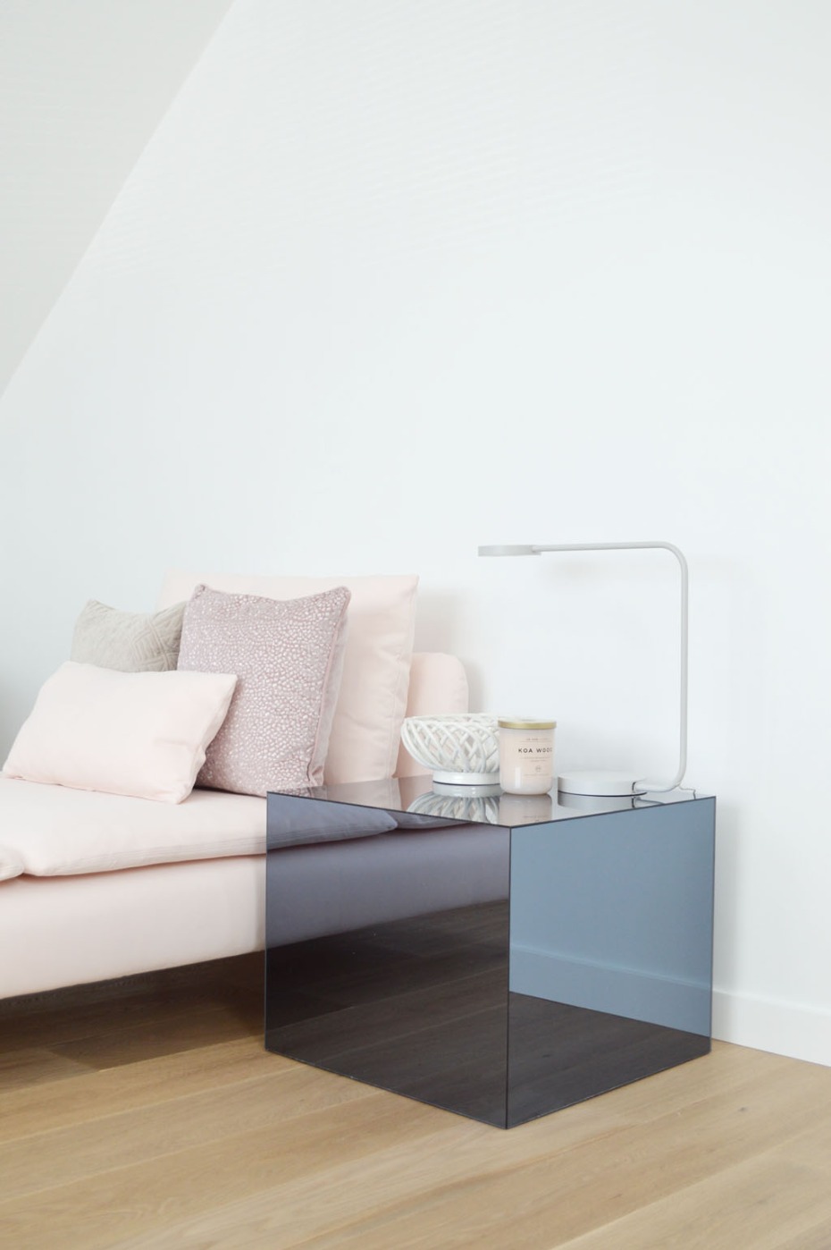Modern bedroom interior with gray acrylic side table