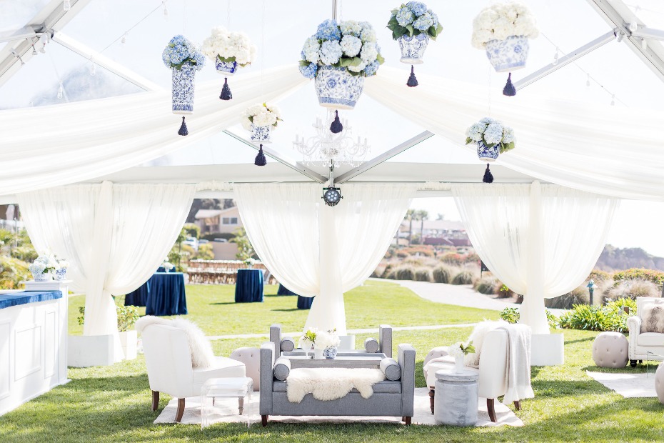 Regal blue and white reception decor