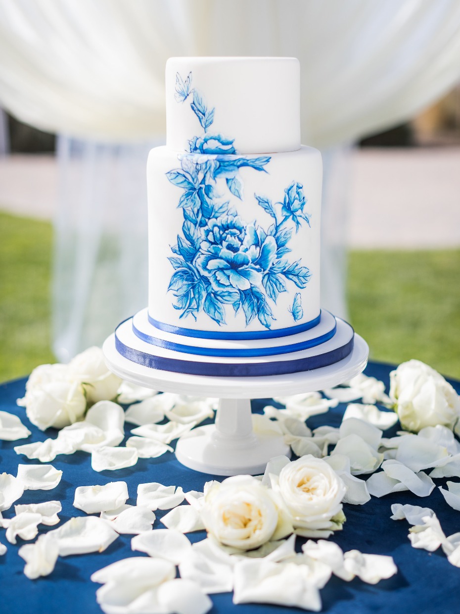 Blue and white hand painted wedding cake