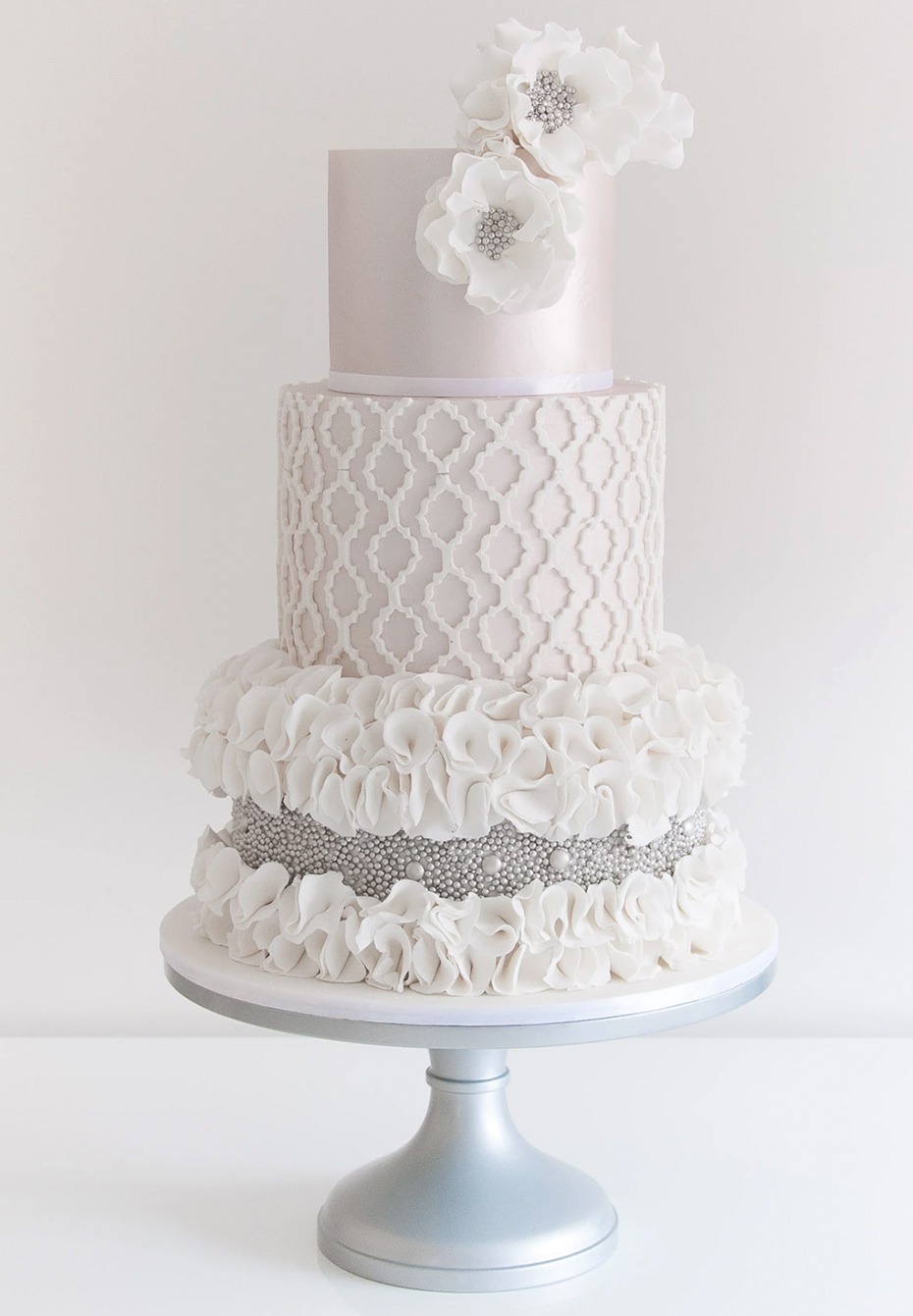 Elegant three tier wedding cake with flower decorations