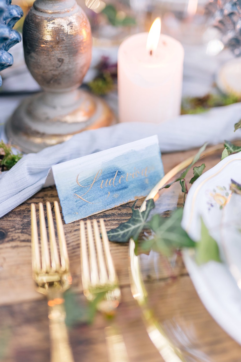 blue and gold wedding place card