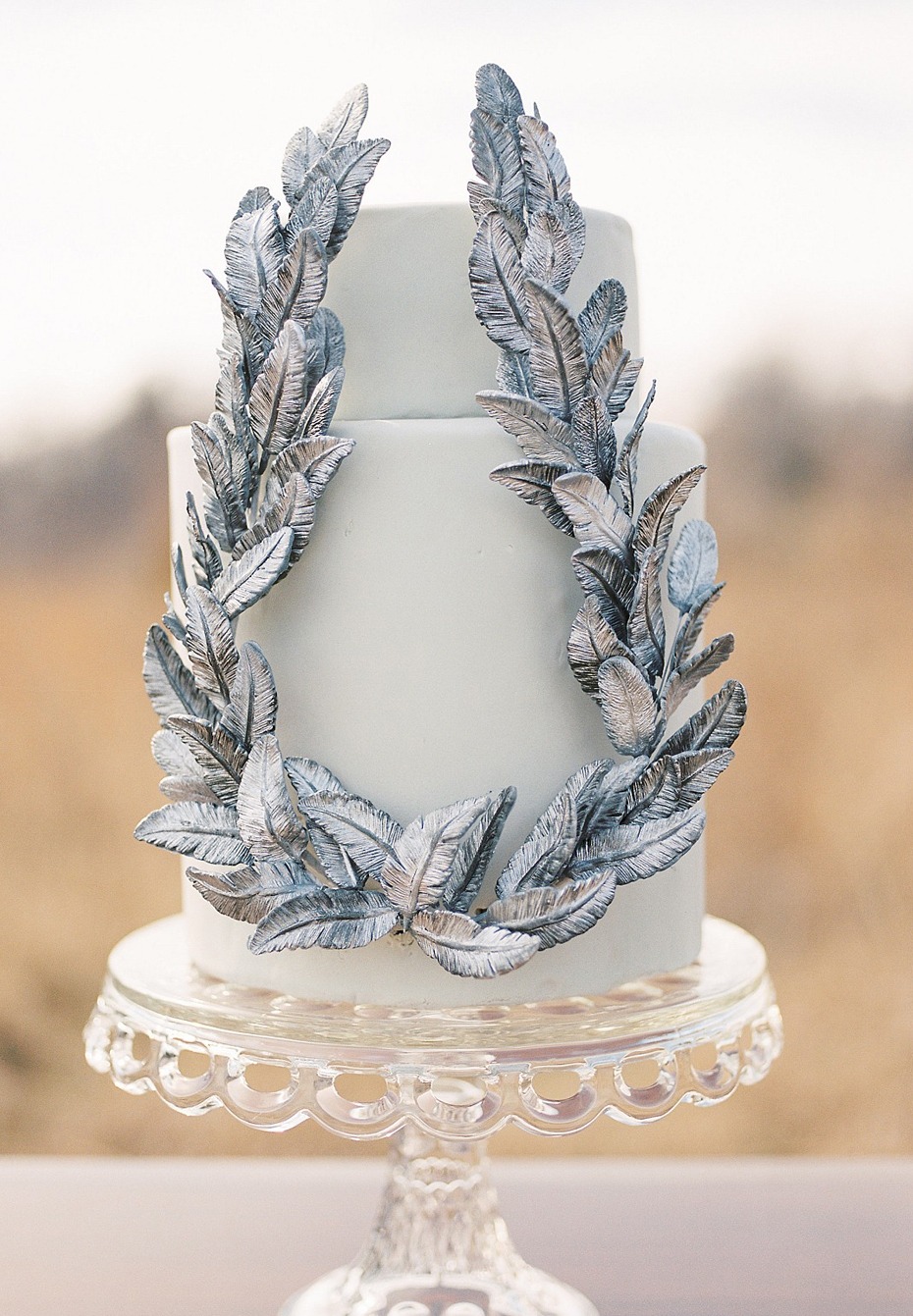 Elegant two tier wedding cake with silver leaf decor