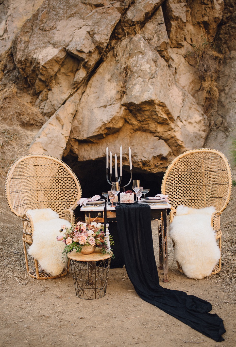 Bohemian sweetheart table idea at The Bronson Canyon Caves