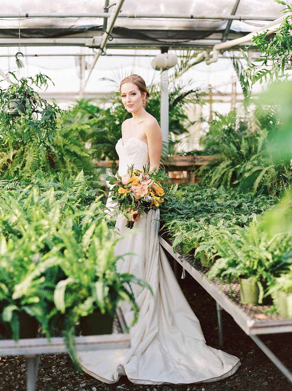 bride going green in this greenhouse garden wedding shoot