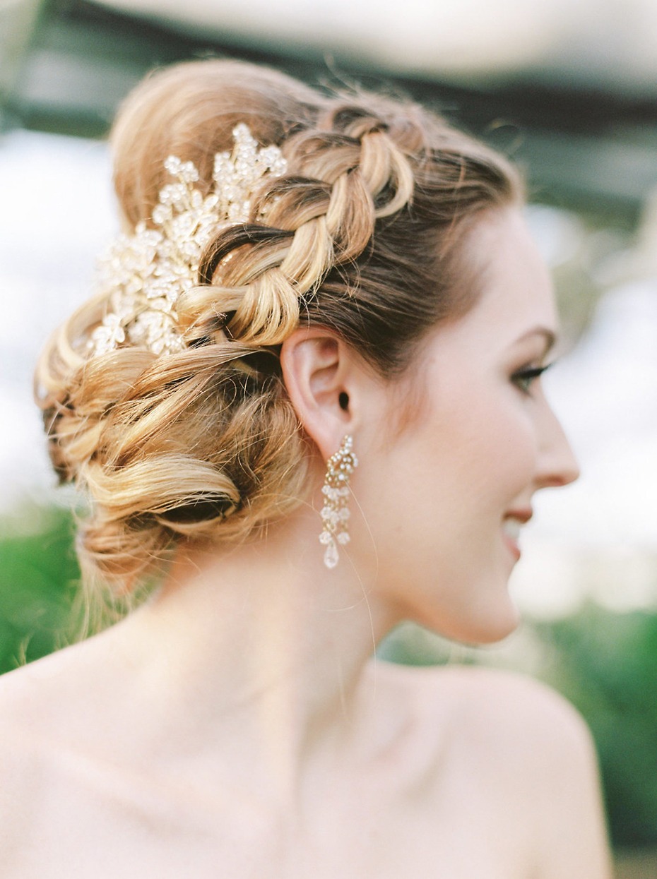 Bridal hairstyle with braid and jeweled accessories
