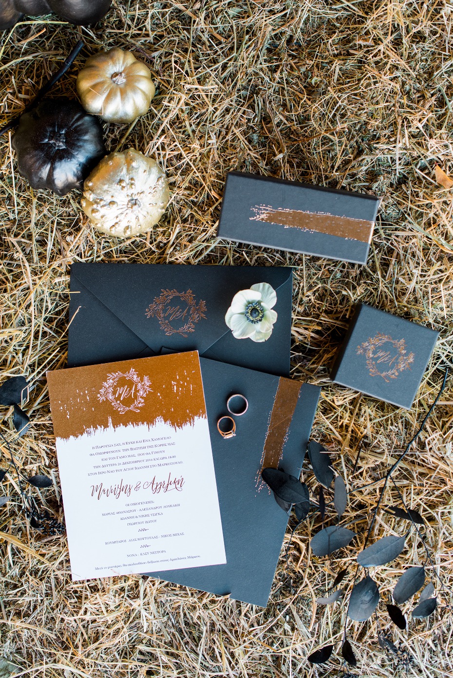 Elegant wedding invitation suite with gold accents pumpkins