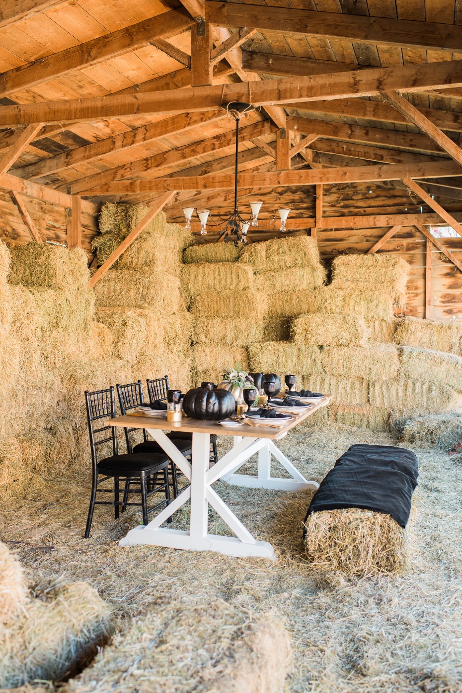 Modern farm wedding ideas in black, gold, and white