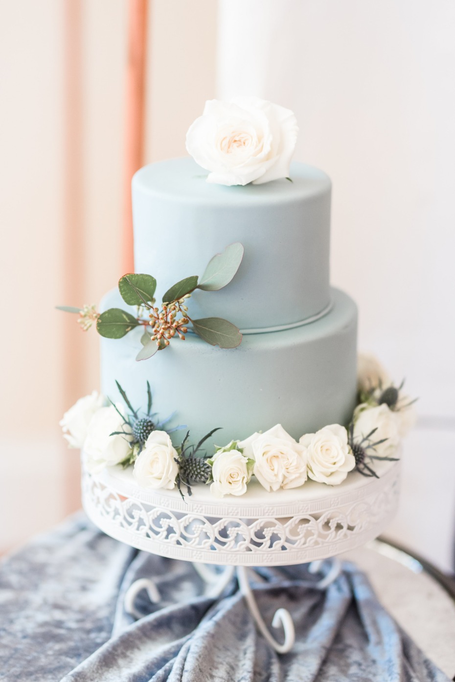 Something blue wedding cake with white roses