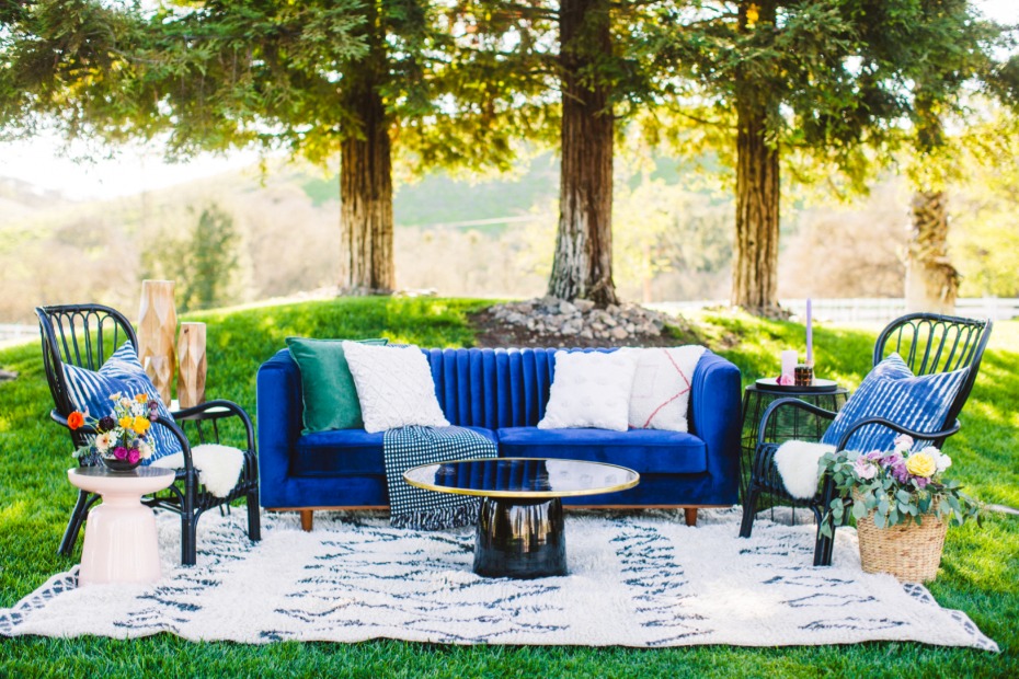 Outdoor blue velvet sofa set with chairs, perfect for relaxing