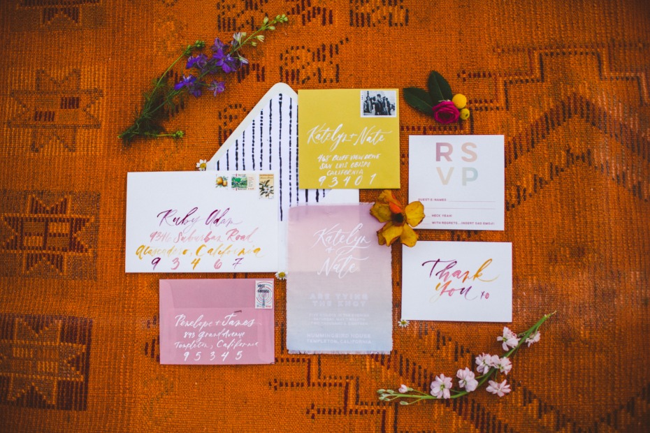 Colorful wedding invitation suite calligraphy design