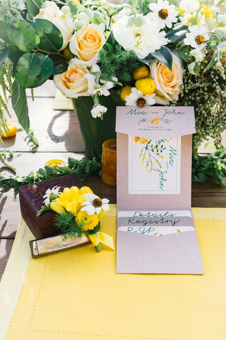 Mia and Johns wedding invitation with floral bouquet
