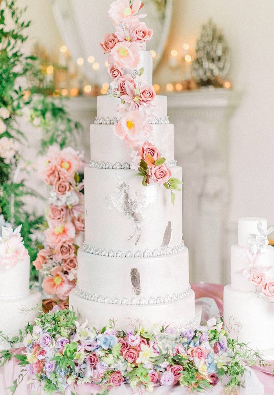 Elegant tiered wedding cake with floral decorations