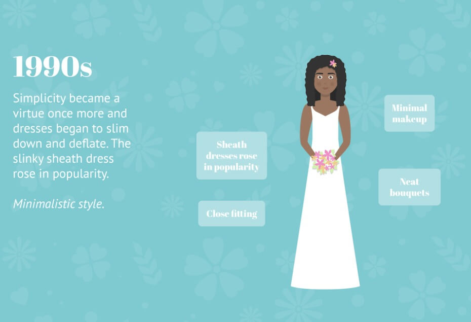 1990s bridal style featuring a sheath dress and neat bouquet