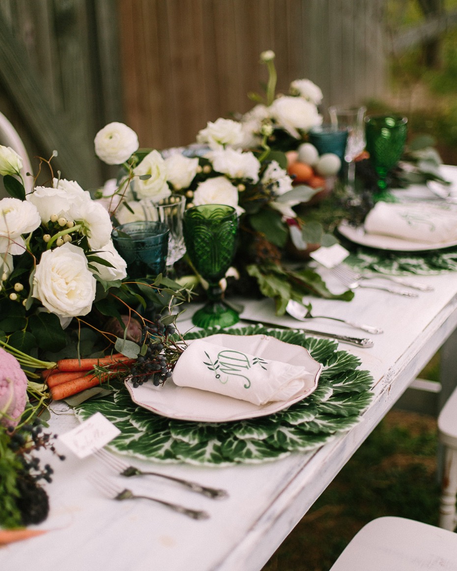 Elegant spring tablescape with flowers and vegetables