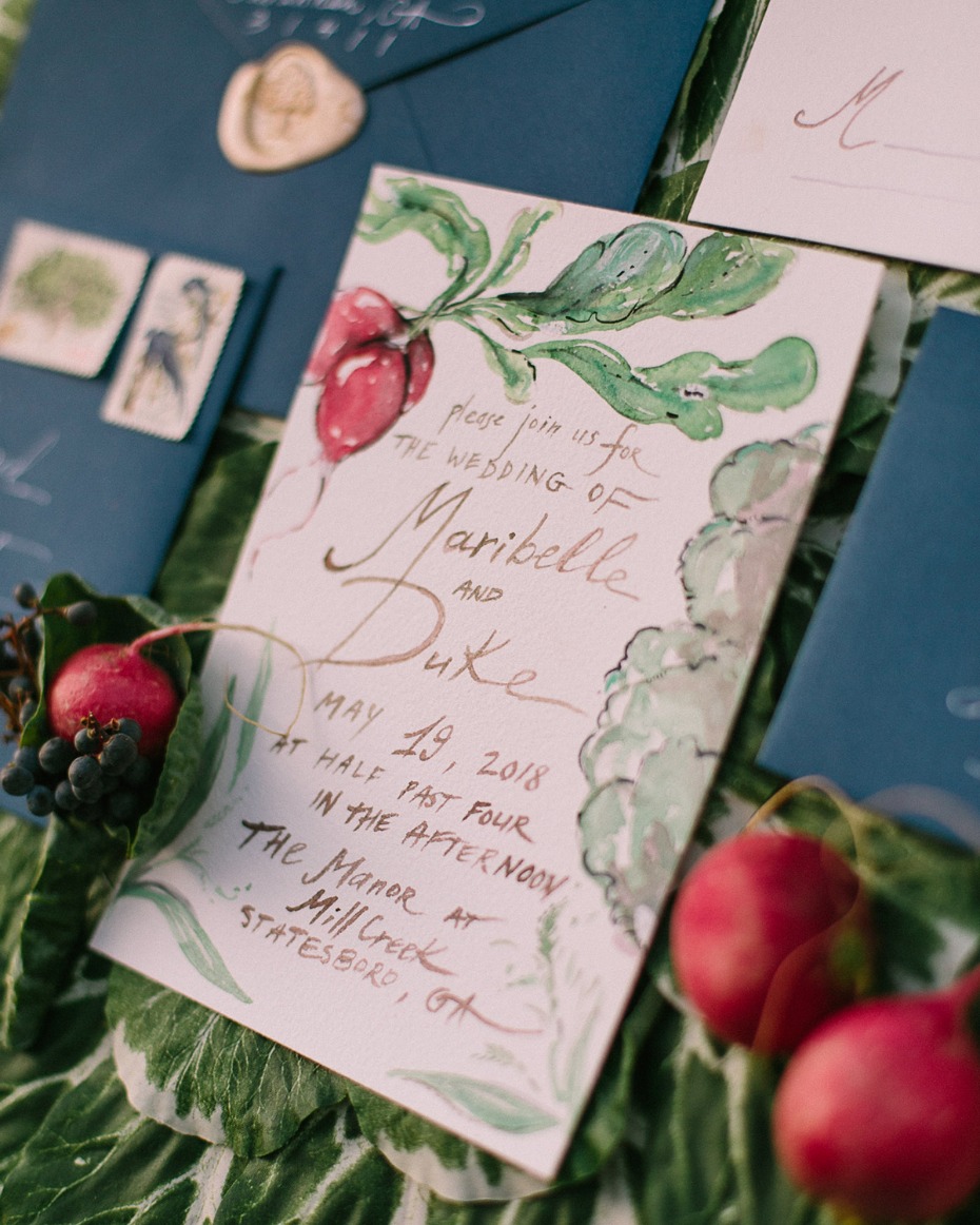 Maribelle and Dukes radish themed wedding invitation