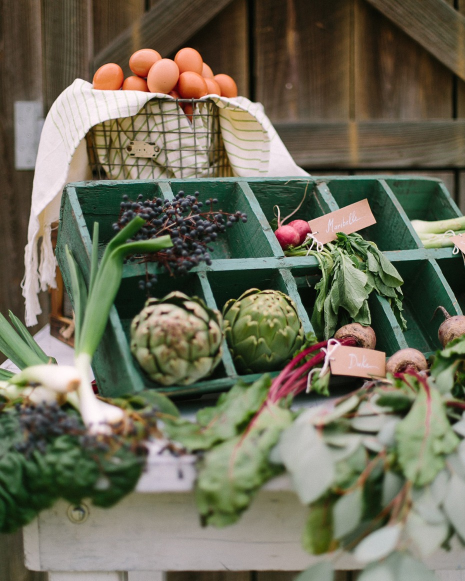 Fresh produce eggs and vegetables rustic display stand