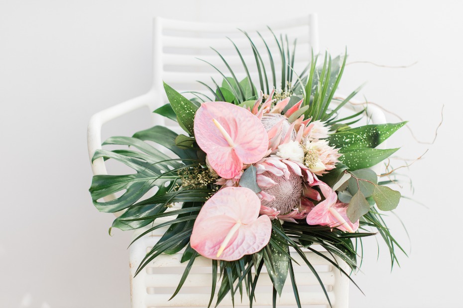 Tropical wedding bouquet with protea