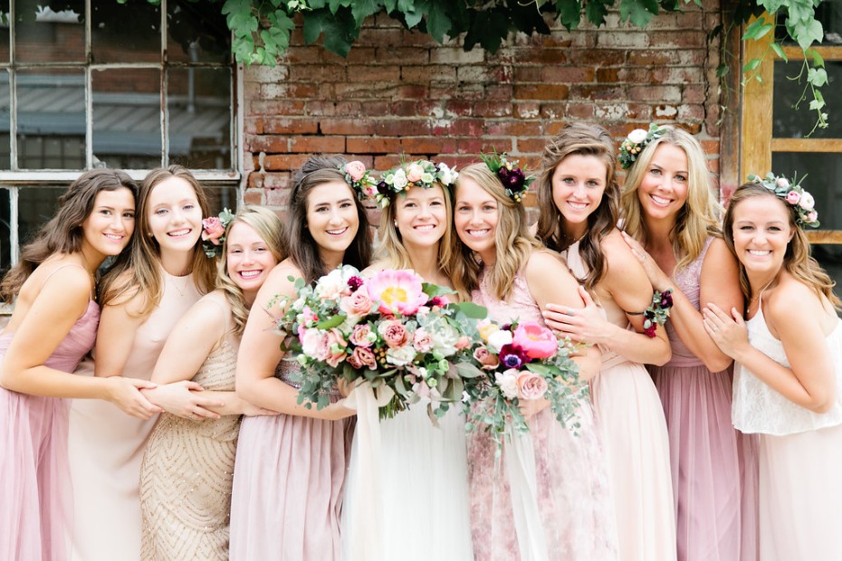 a sweet bridal party in shades of pink