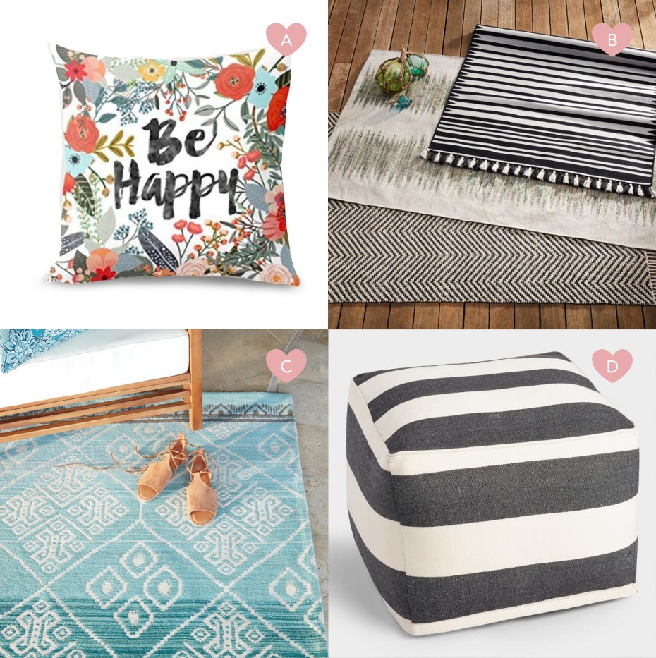Floral pillow, rugs, and striped ottoman: home decor