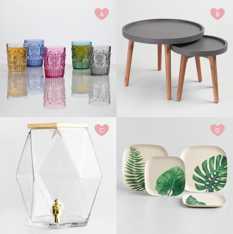 Home goods catalog with colorful glasses, tables, and plates