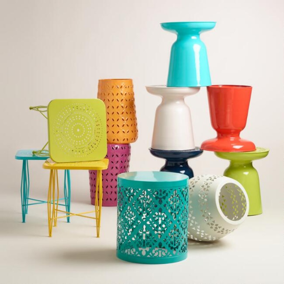 Colorful metal stools and side tables for outdoor decor
