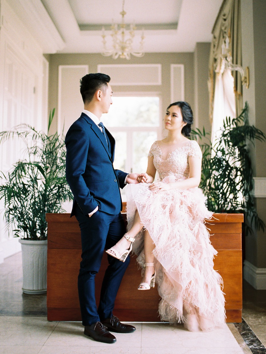 This feathery blush gown is gorgeous