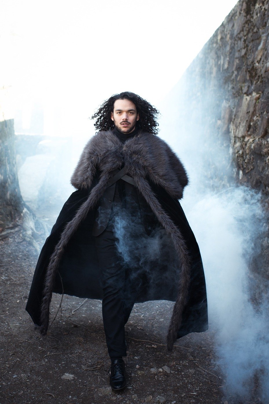 dramatic Jon Snow styled groom portrait