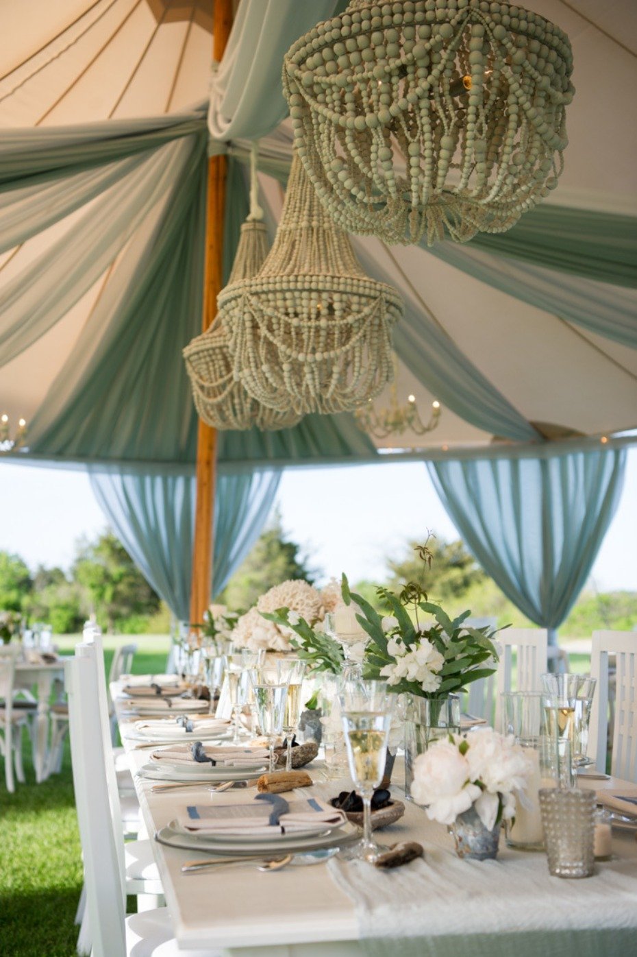 teal tulle draped wedding tent