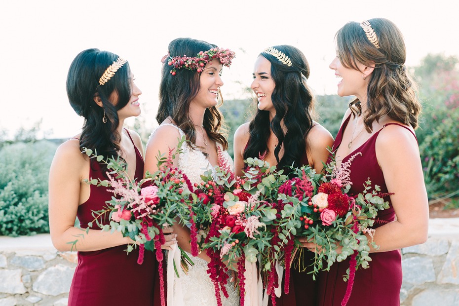 bridal party in burgundy