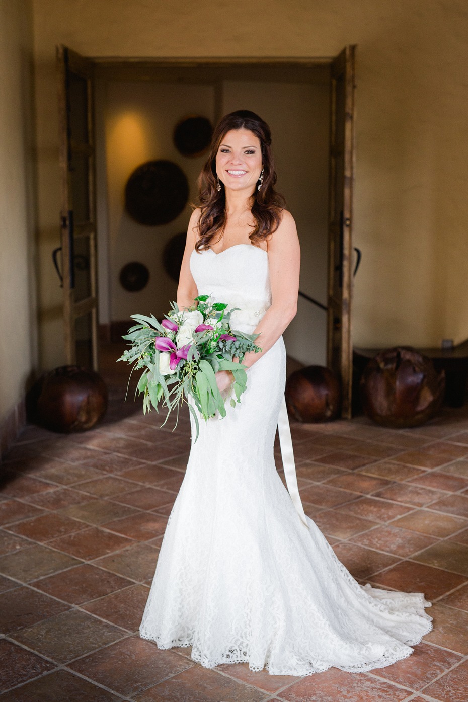 bride in strapless flair fit dress